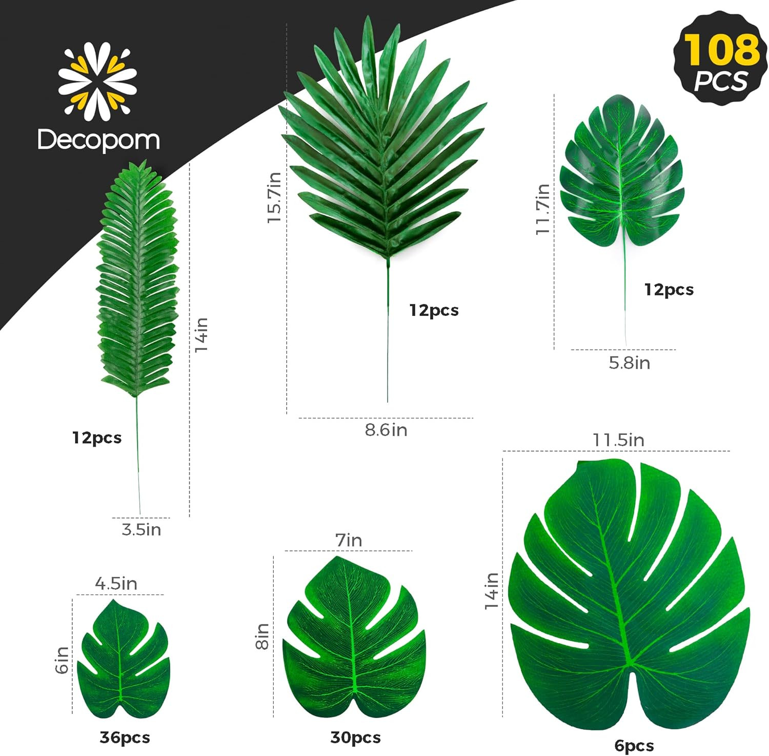 108PCS Artificial Palm Leaves Tropical Green Party Decor for Luau Safari Theme