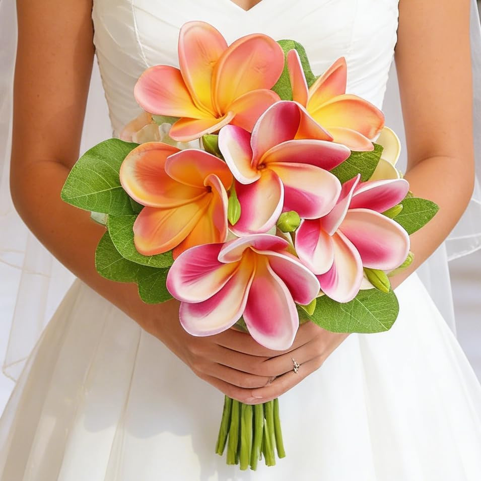 5PCS PU Real Touch Lifelike Artificial Plumeria Frangipani Flower Stems Wedding