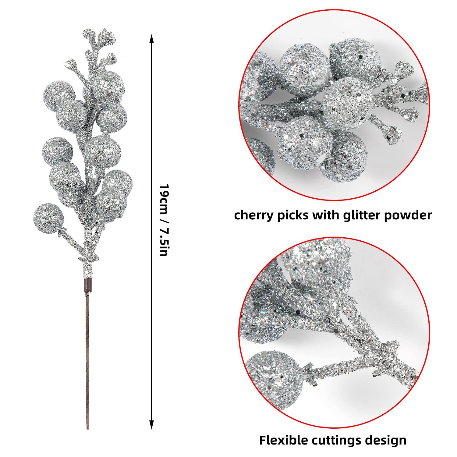 24 Pack Silver Christmas Glitter Berries Stems Artificial Christmas Tree Pick…