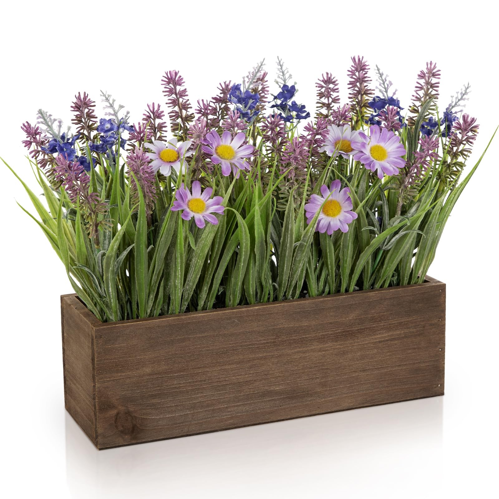 Artificial Lavender Flowers Arrangement in Rectangular Wood Planter Box, 10.6…