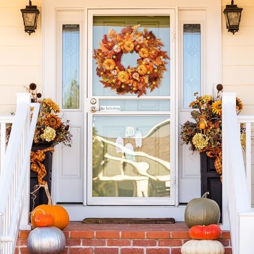 Autumn Wreath 21″ – Artificial Fall Decor with Pumpkins, Maple Leaves & Lanterns