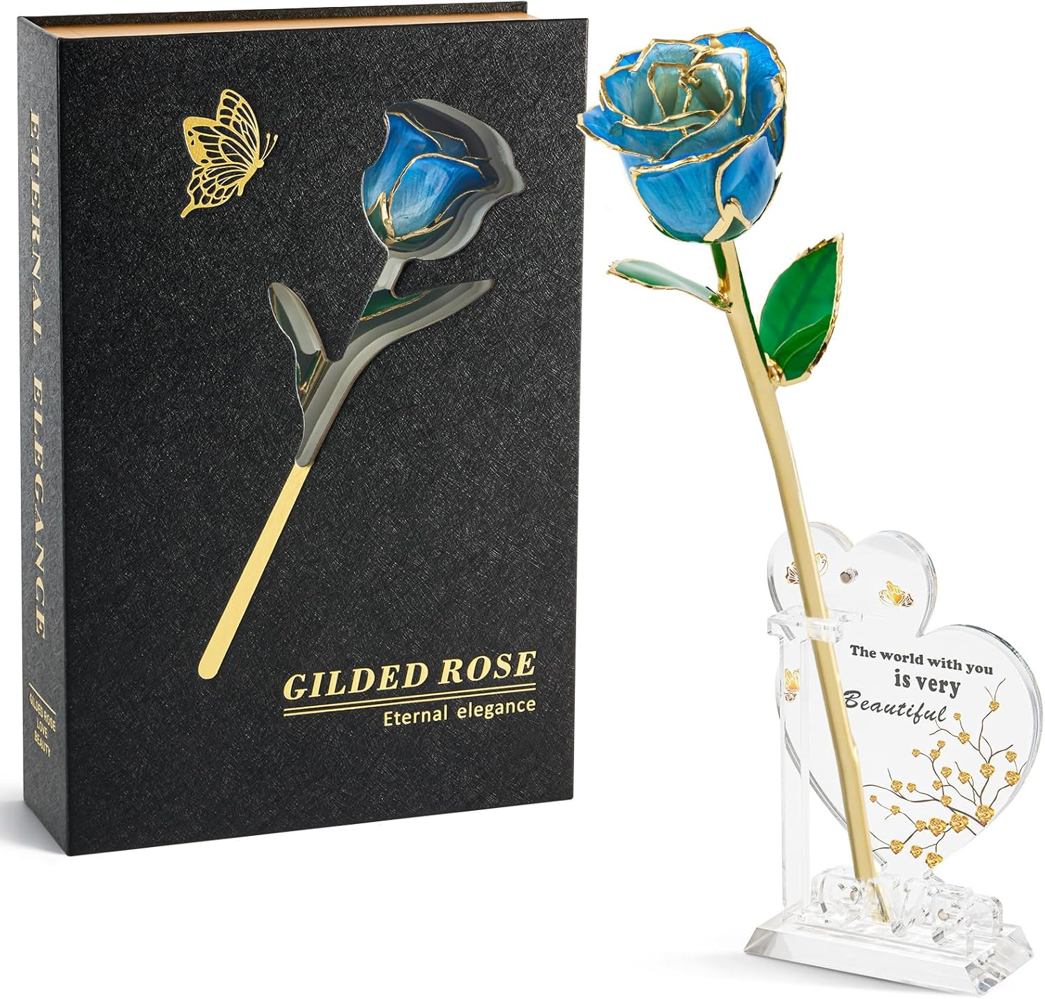 24K Gradient Blue Gold Dipped Realistic Rose Gift Set – Passionate Ombre Eter…
