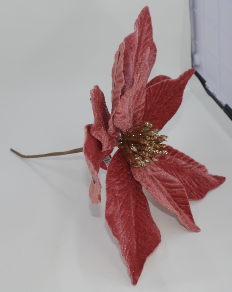 Jumbo Pink Poinsettia Velvet Touch Gold Sparkle Holiday Christmas Picks 2pc LOT