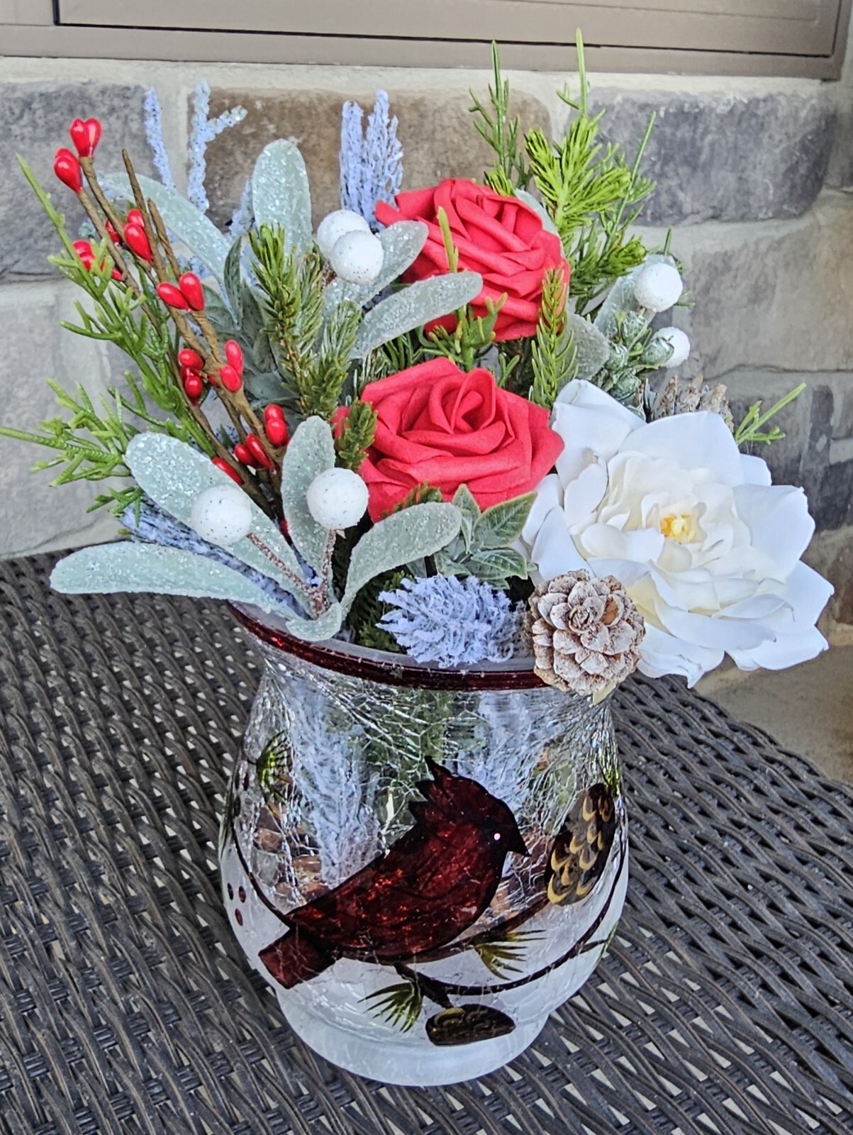 Faux Floral Arrangement Centerpiece In Cracked Glass Vase With Painted Cardinal