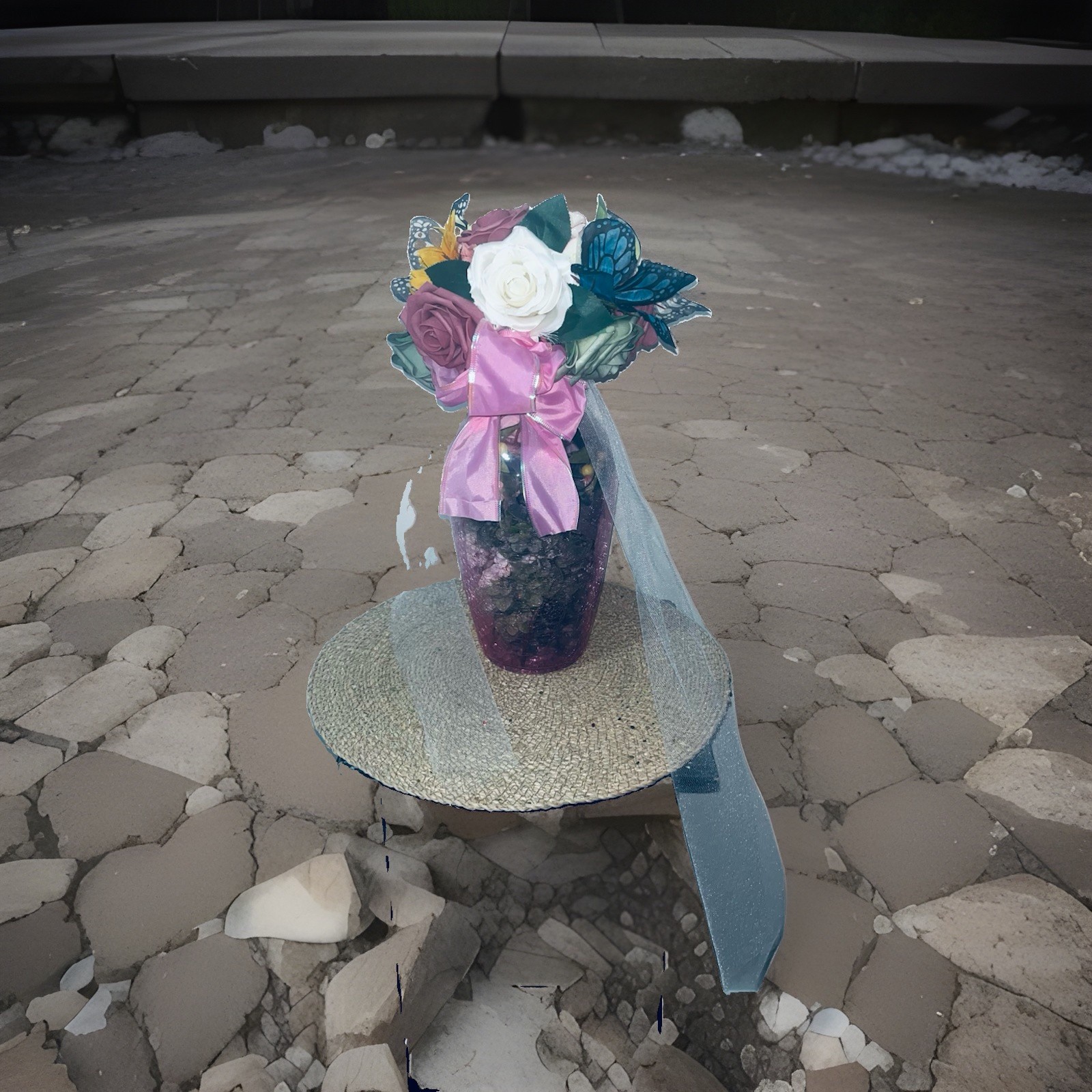 Artificial Rose Flower Arrangement in Vase w/ Pink Bow, Tulle Veil & Butterfly