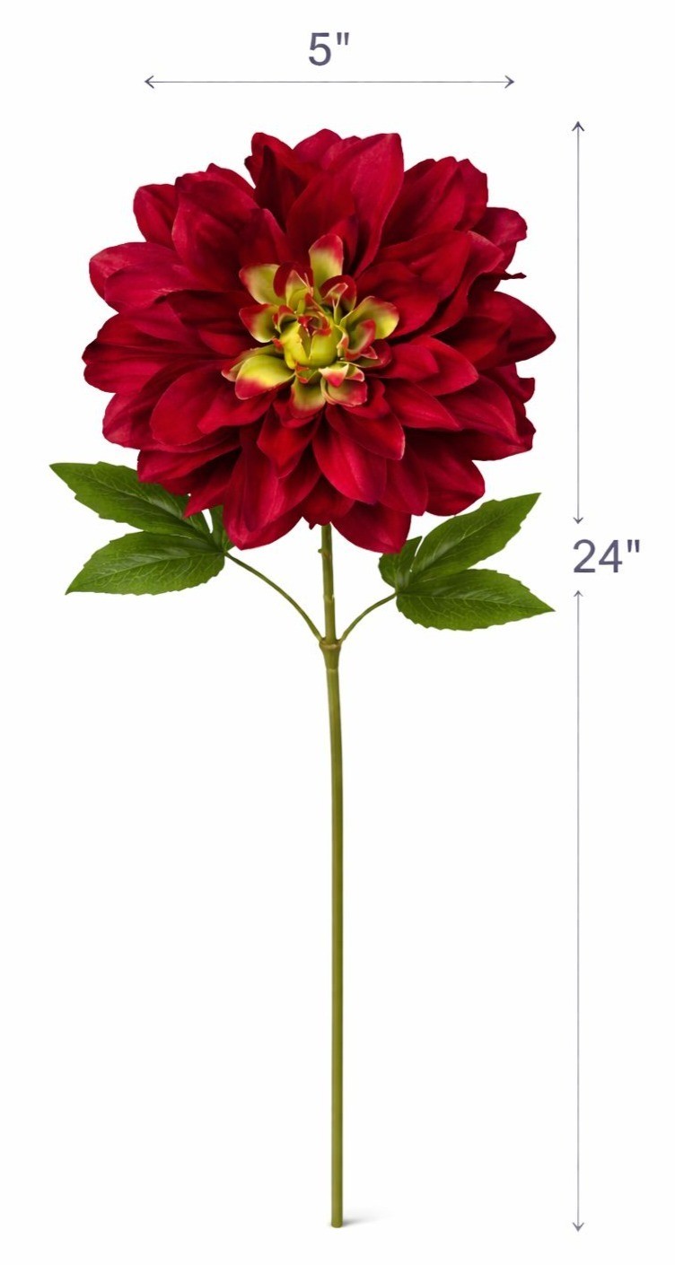 Burgundy Dahlia Stem Faux Flower 24 Inch 5 Inch Bloom Dark Red Artificial Dahlia
