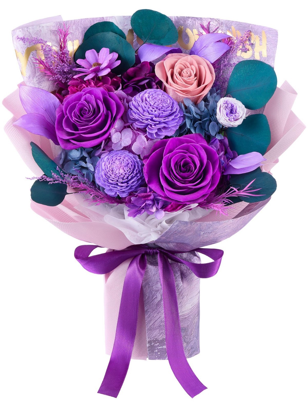 Preserved Roses and Purple Flowers Bouquet for Mother’s Day and Special Occasion