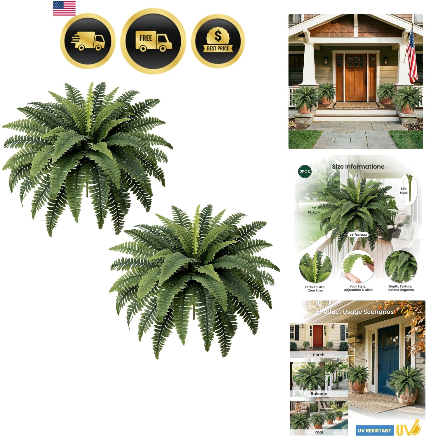 Set of 2 Large Artificial Boston Ferns – 35” Perfect for Indoor/Outdoor Decor