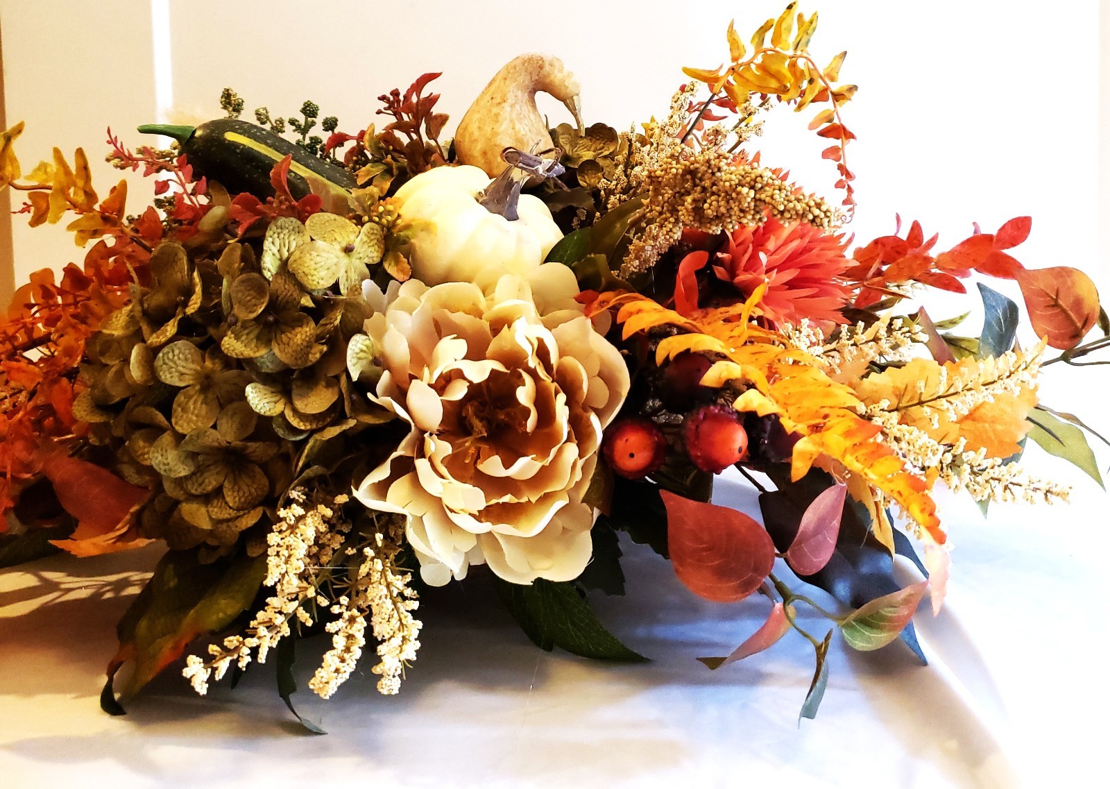 Fall Hydrangea Pumpkin Centerpiece, Rustic Autumn Table Arrangement, Neutral