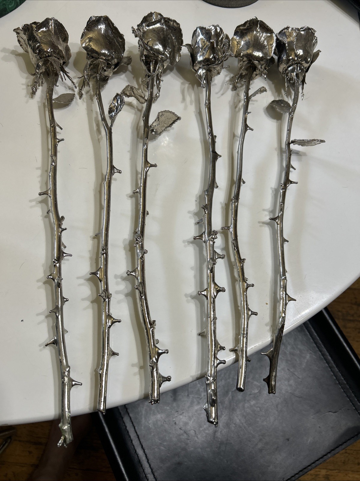 Set of six 6 Real Rose Dipped In Silver 18 inches long Triple dipped