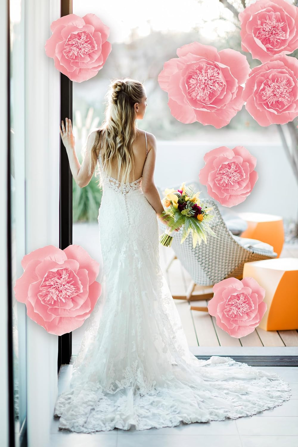 Crepe Paper Flowers Wall Decor Pink Set of 6 Wedding Party Photo Backdrop