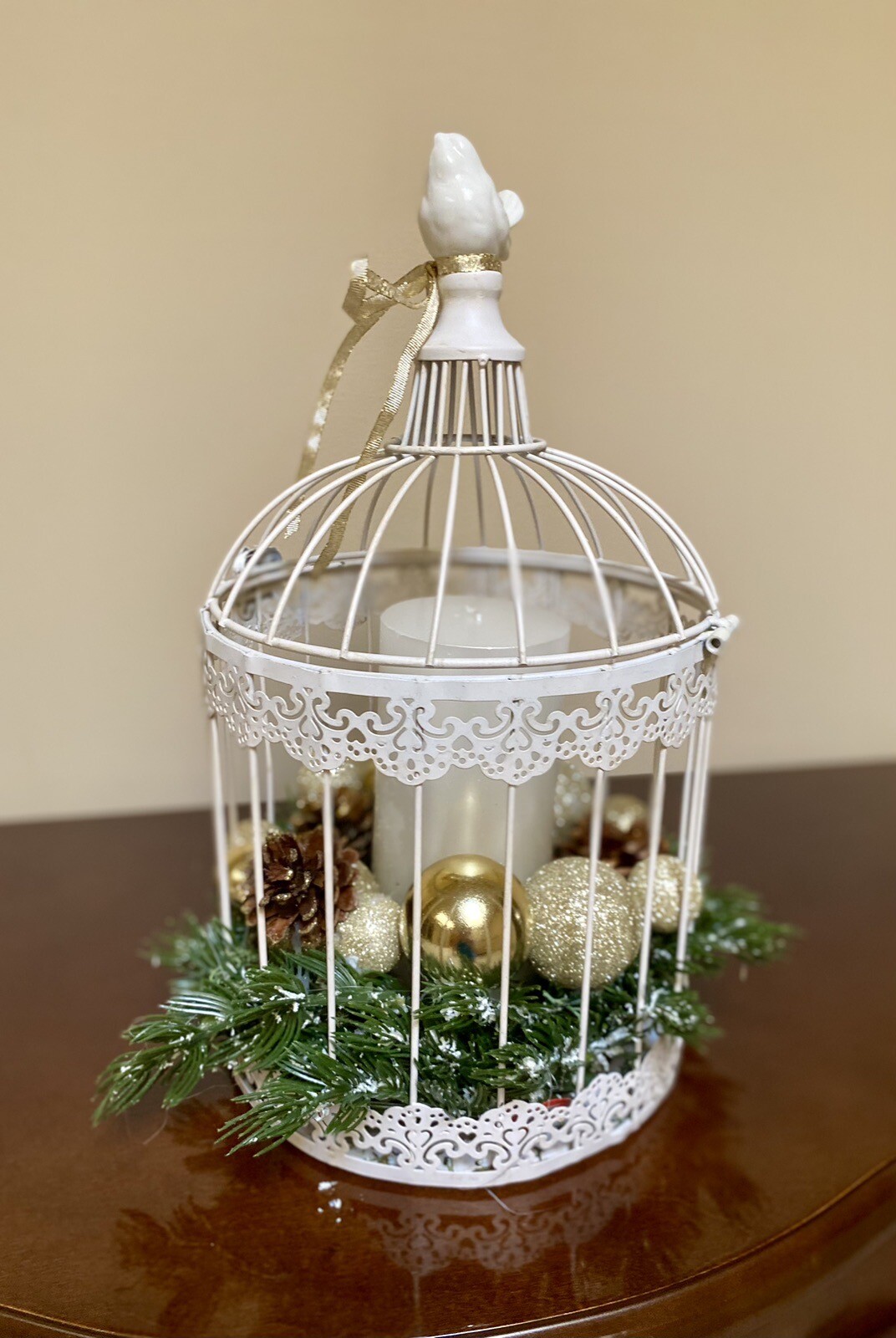Vintage Christmas Birdcage with Gold Highlights & Pillar Candle
