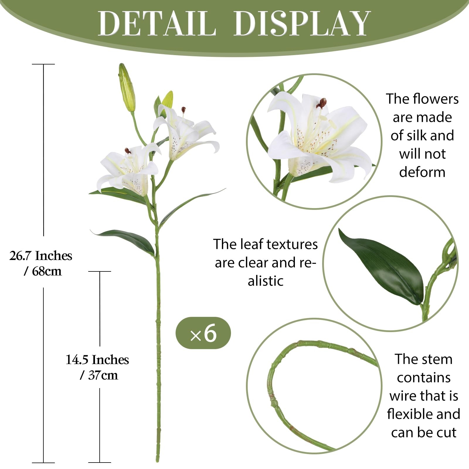 6PCS Artificial Lilies 26.7″ Silk Lily Flowers with 12 Heads Fully Bloomed Li…