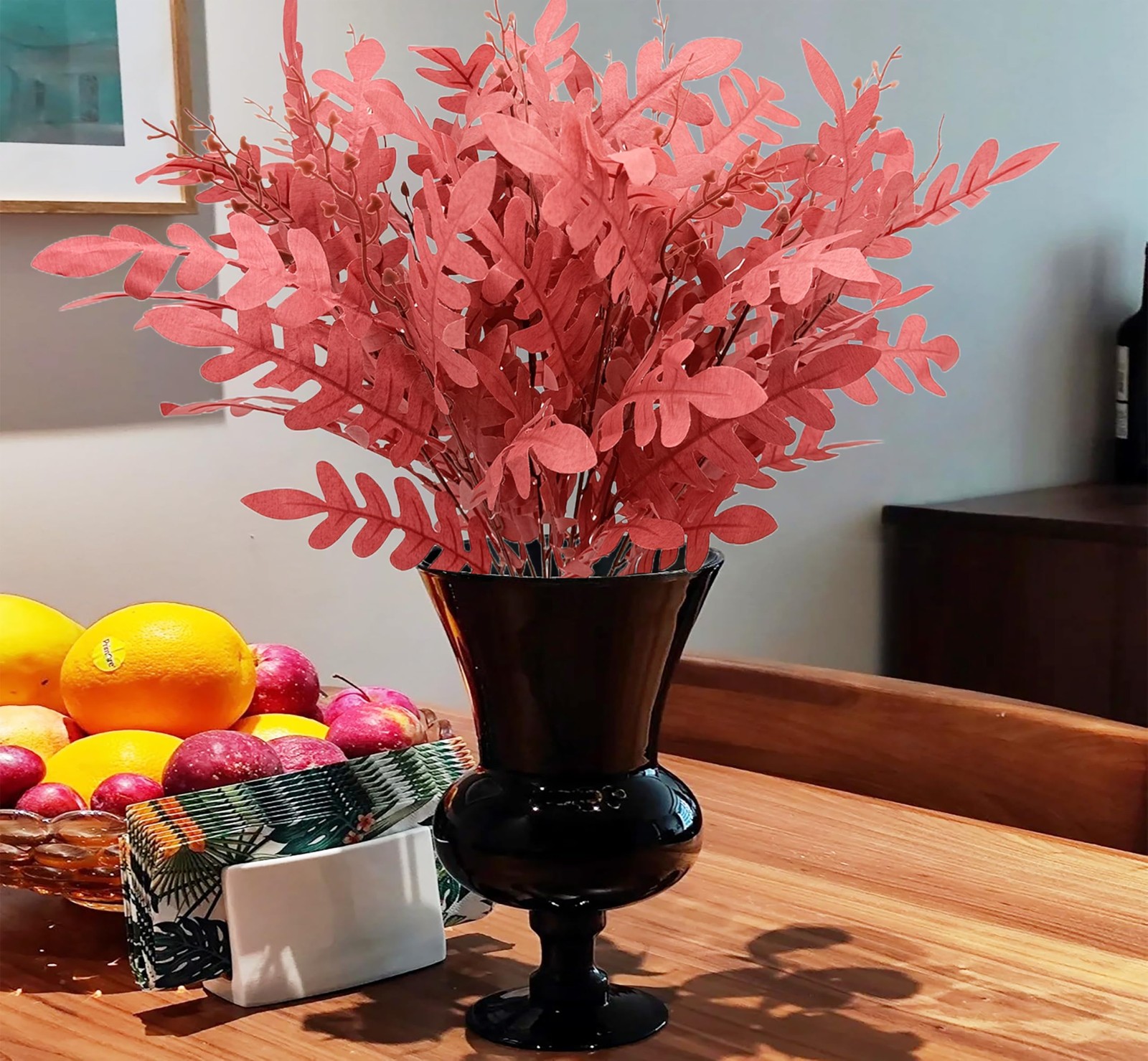 3PCS Artificial Fall Eucalyptus Leaves Stem Plants Red Fake Leaves Autumn Gre…