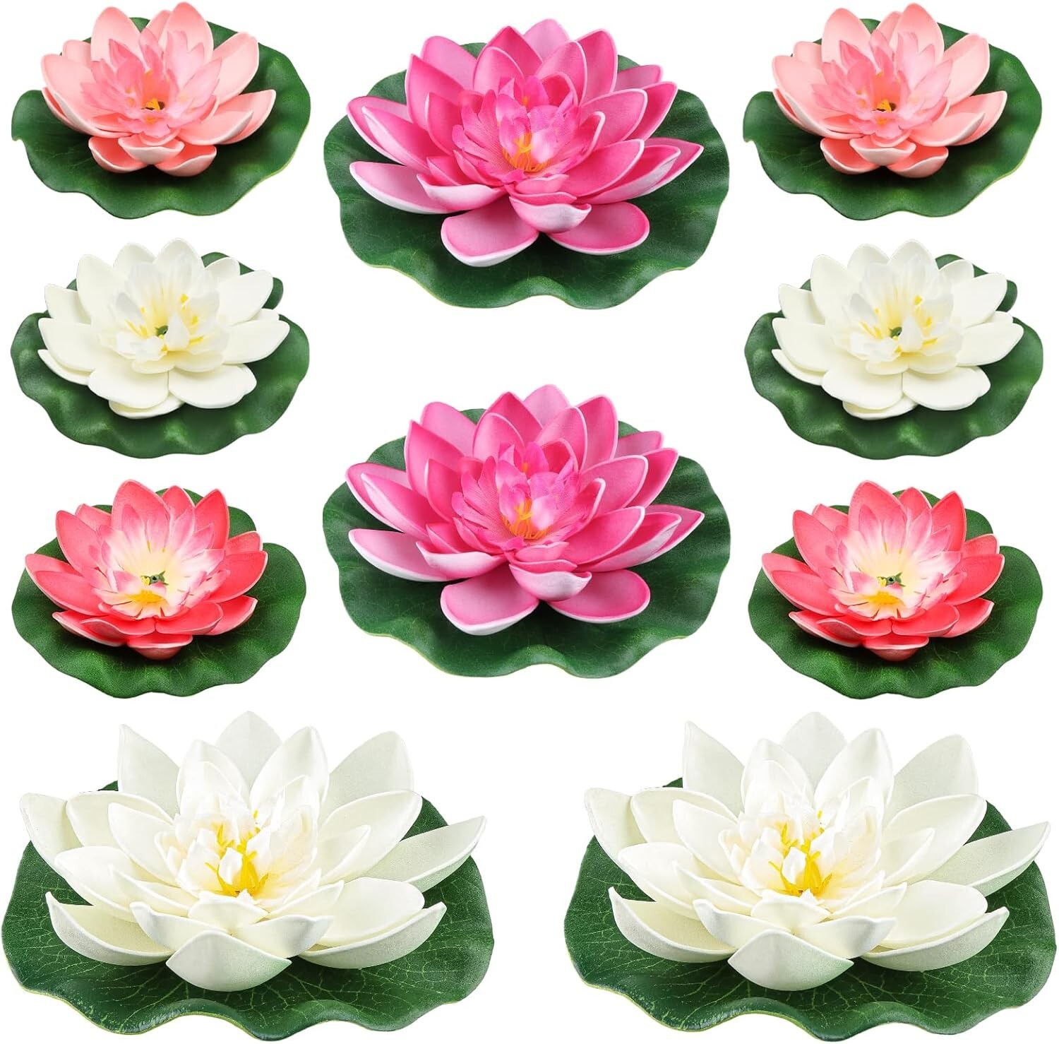 10PCS 3 Sizes Artificial Foam Lotus Floating Flowers with Water Lily Pad Orna…