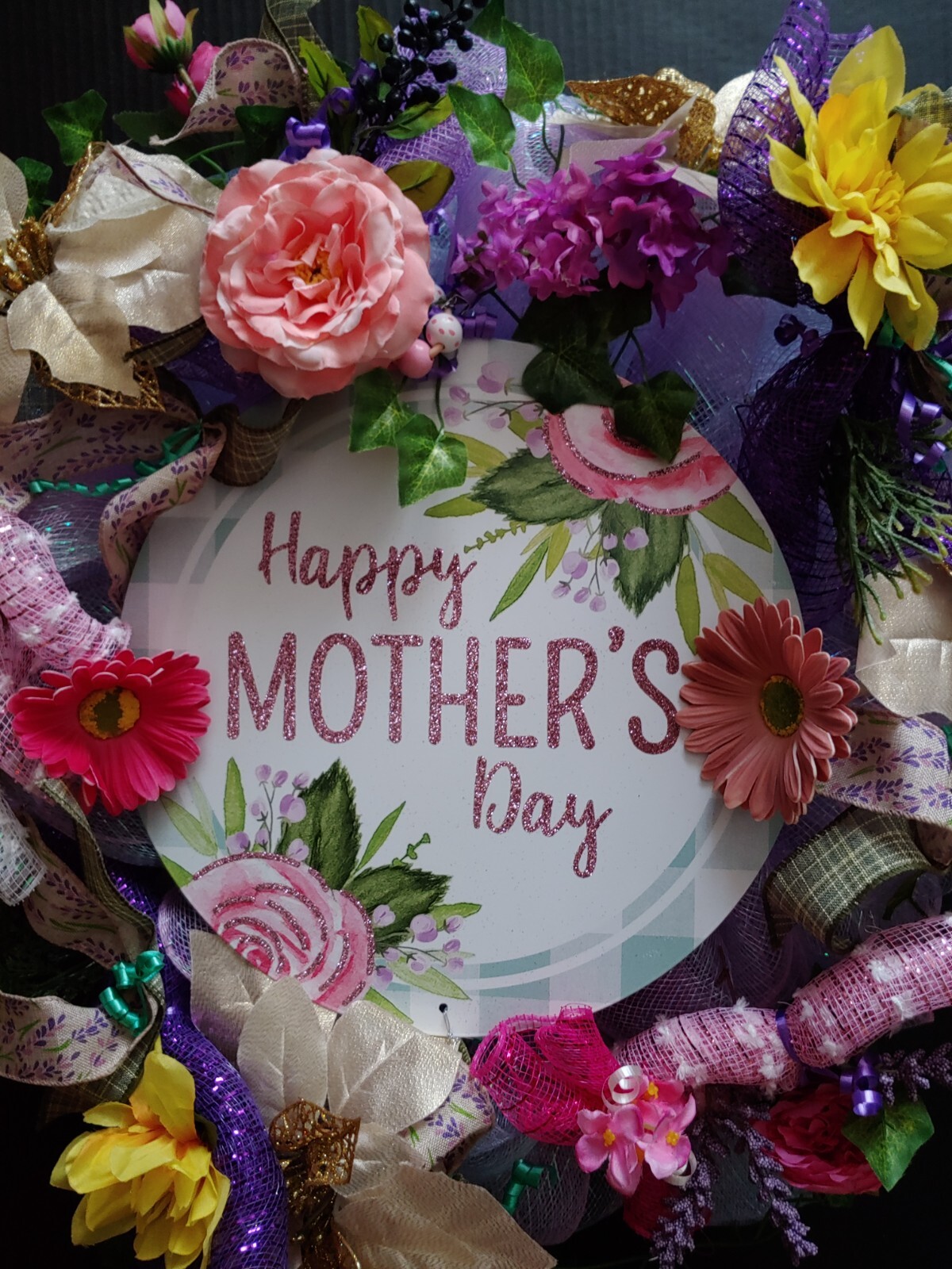 Large Beautiful Happy Mother’s Day Mom Multi Color Floral 24″ Deco Mesh Wreath