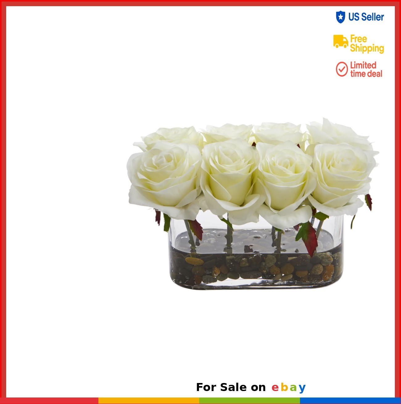 Artificial Blooming Roses in Glass Vase Faux Water River Rocks Centerpiece