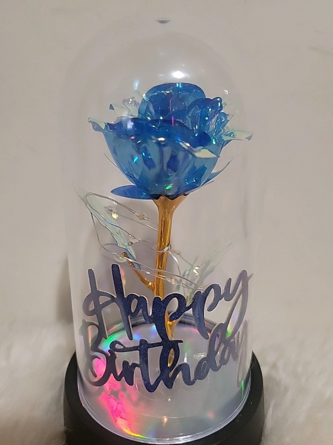 New with Box – Crystal Rose with LED Light In Dome Cover – Happy Birthday – blue