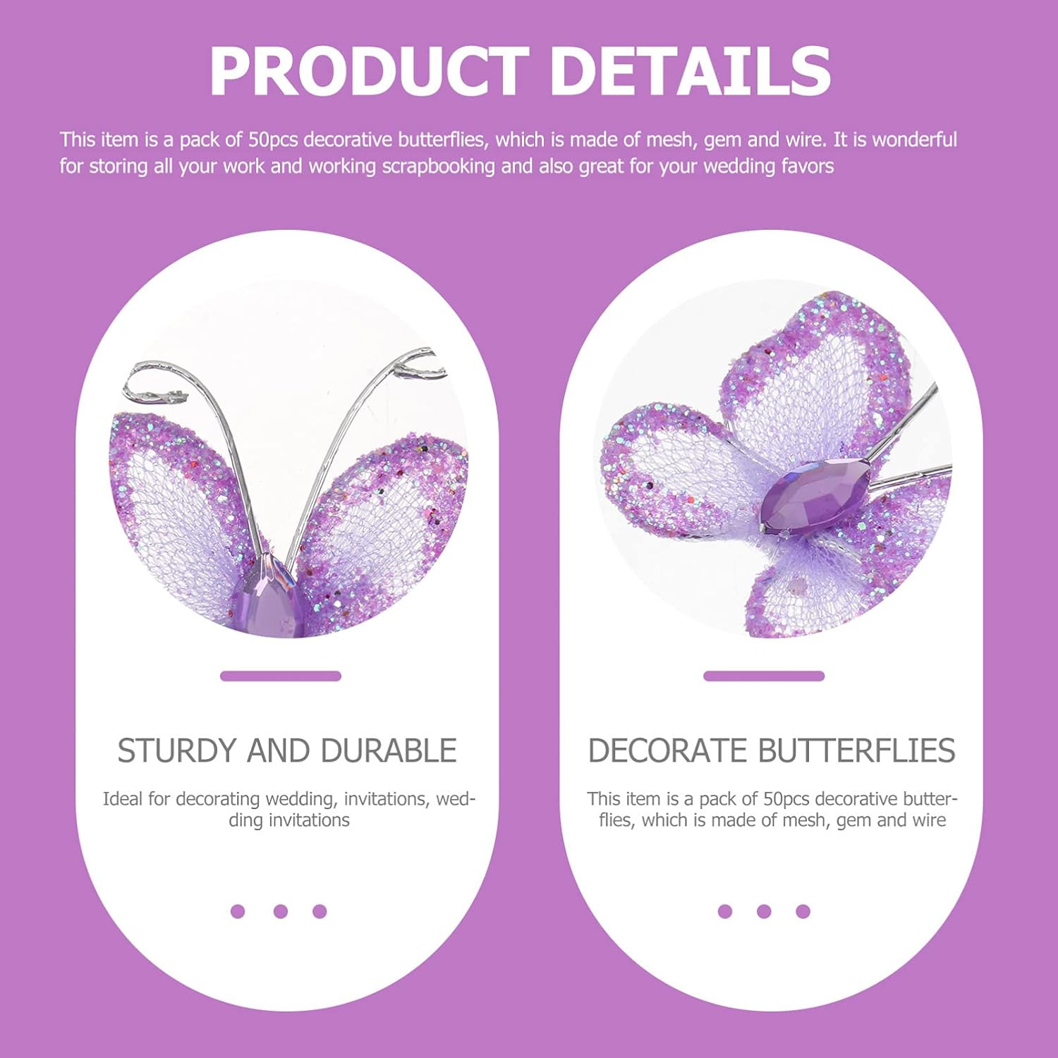 50Pcs Butterflies, DIY Craft Sheer Mesh Wire Glitter Butterfly with Gem for Wedd