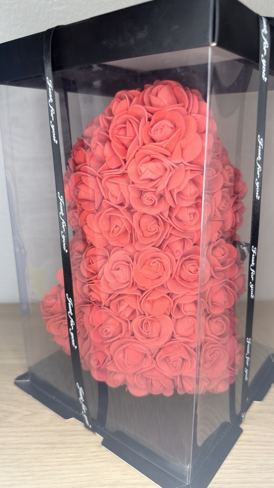 Rose Bear Gift Box – 10” Red Artificial Foam Rose Teddy Bear with Clear Display