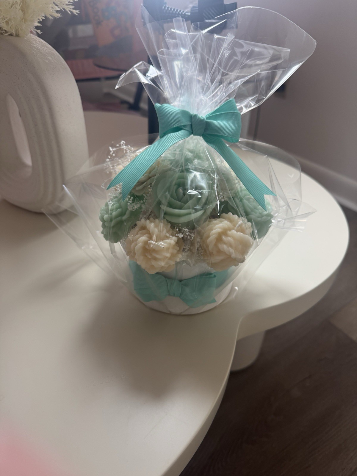 Artificial Mint Green & White Rose Floral Arrangement Centerpiece in White Pot
