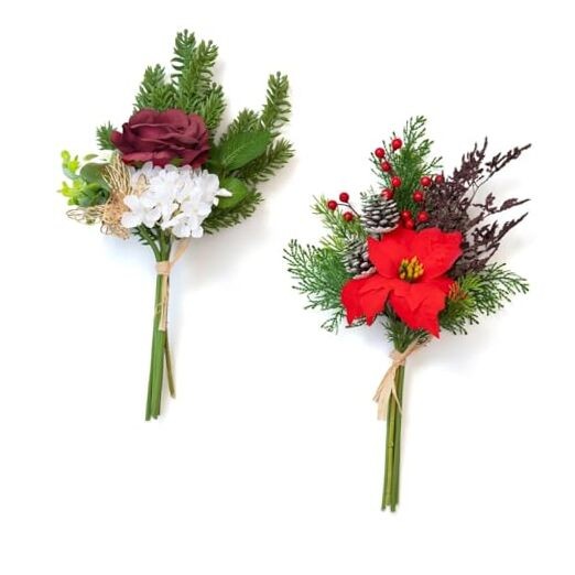 11 Pcs Artificial Flowers Bouquet with Pine Branches, 14″ Red Poinsettias