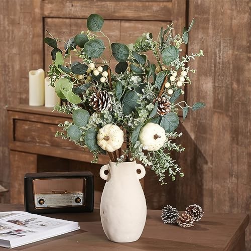 6 Pcs 23.62 Inch Large Fall White Pumpkin Stems Artificial Eucalyptus Leaves