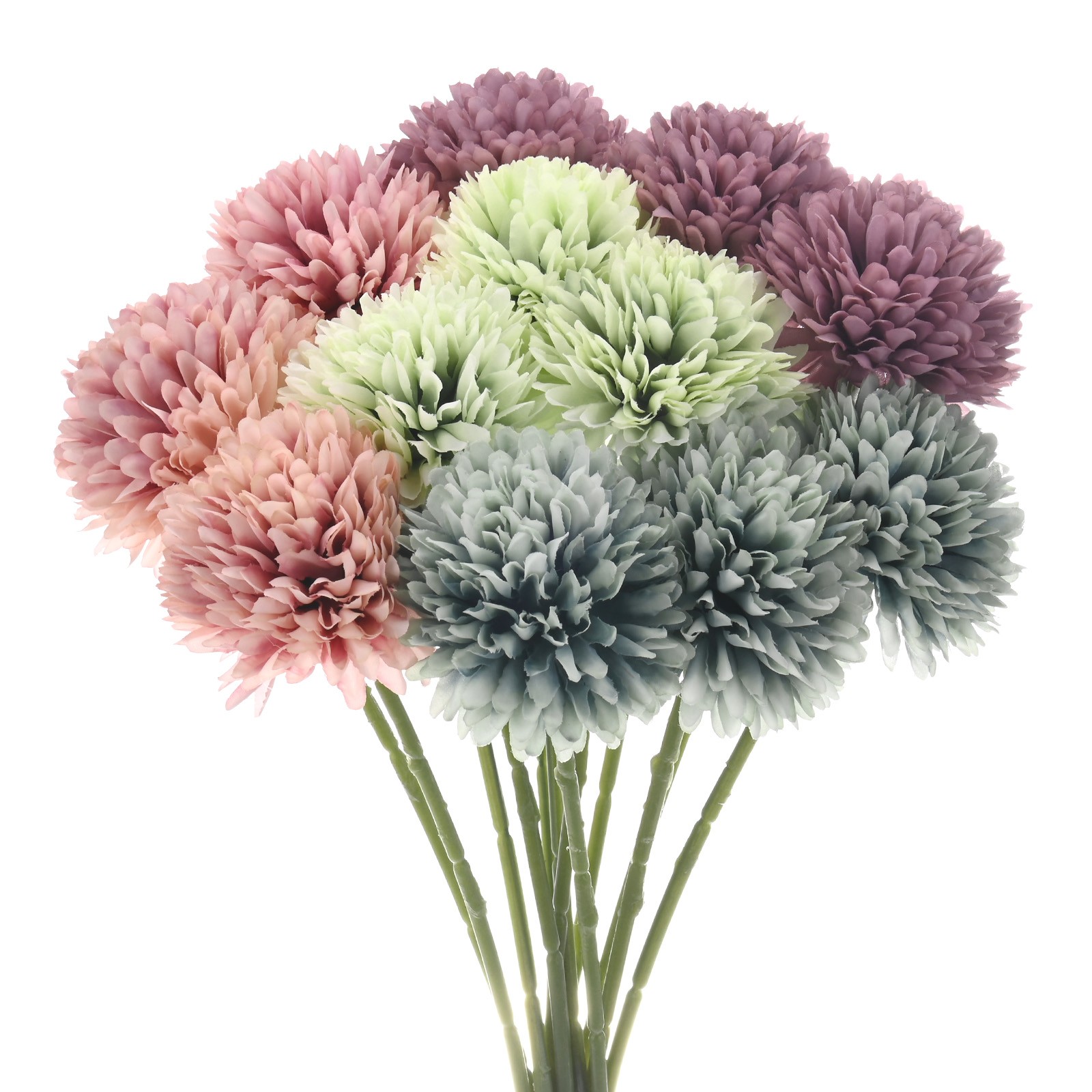 12-Pack Artificial Chrysanthemum Ball Flowers Pink,Green,Blue,Purple