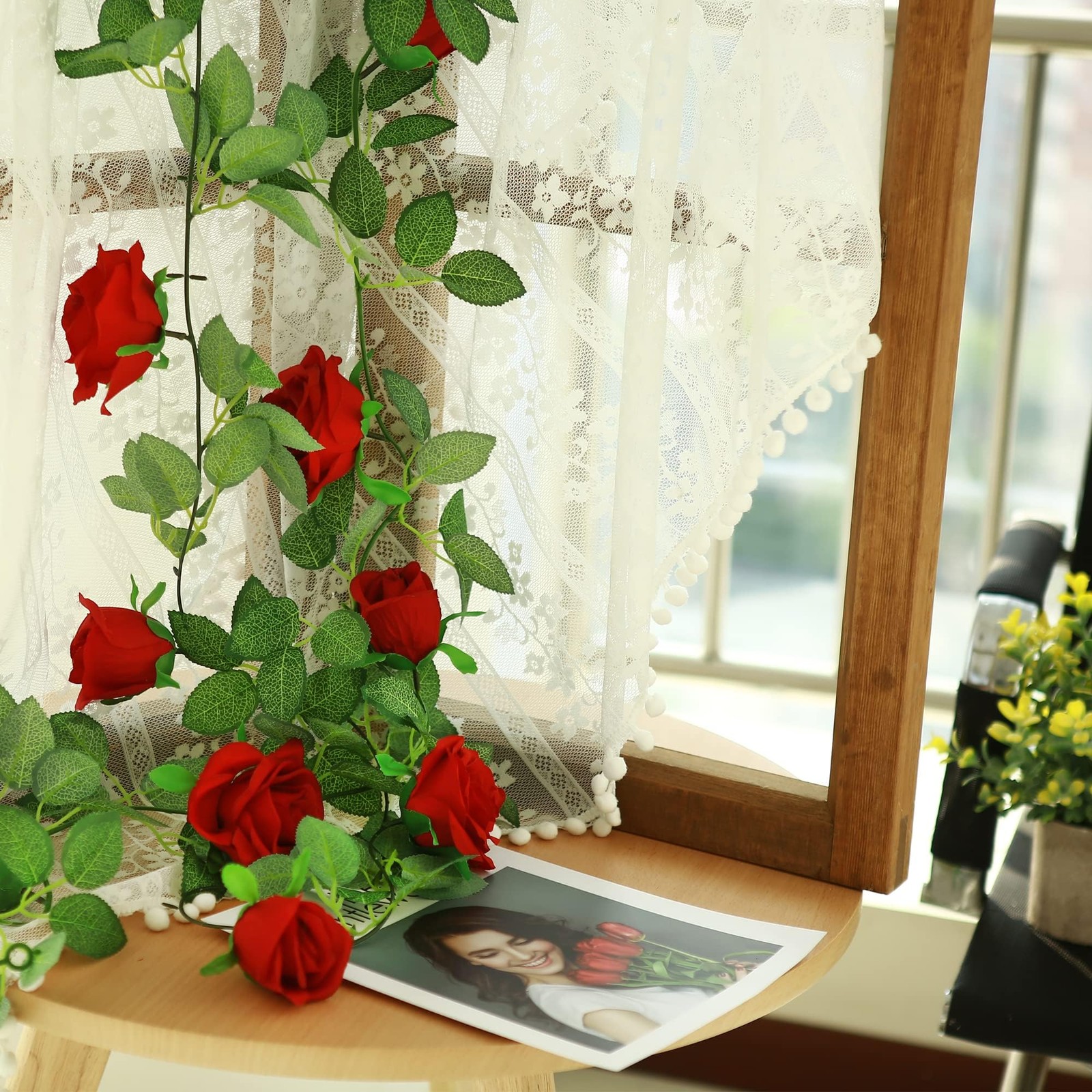 2 Pack Red Artificial Rose Garland, Each 6.5FT Fake Flower Hanging Vines for …