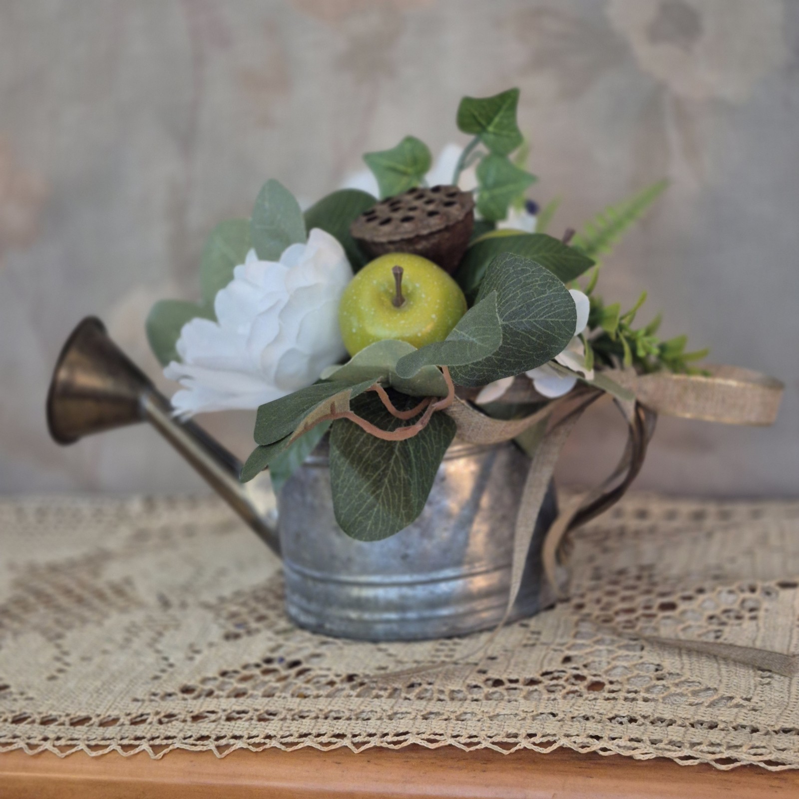 Floral Centerpiece, Vintage Metal Watering Can Cottagecore Faux Flowers