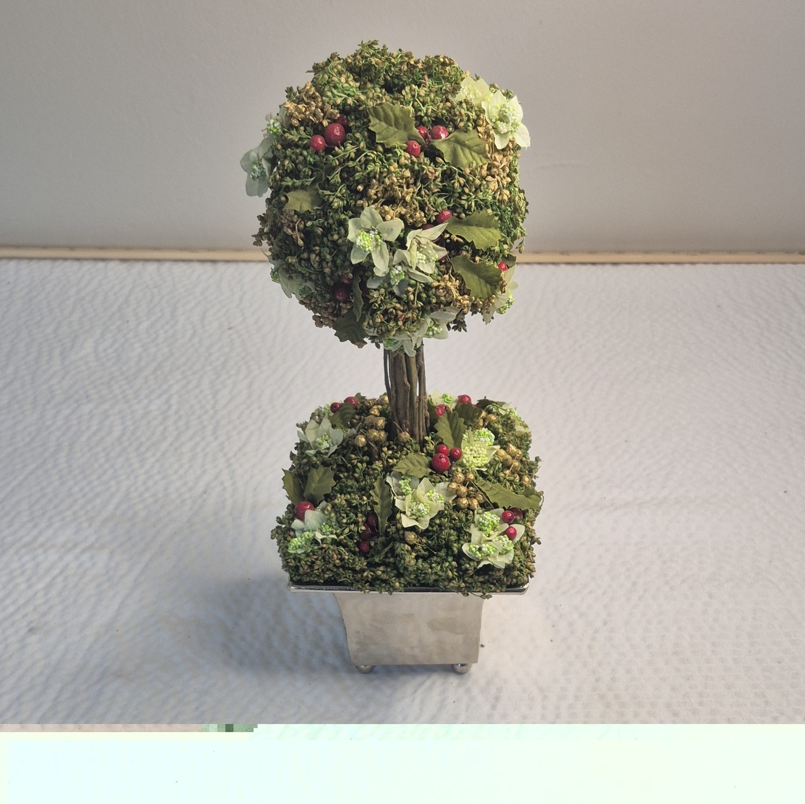 Artificial Double Ball Topiary in Silver Metal Planter Pot 11 in