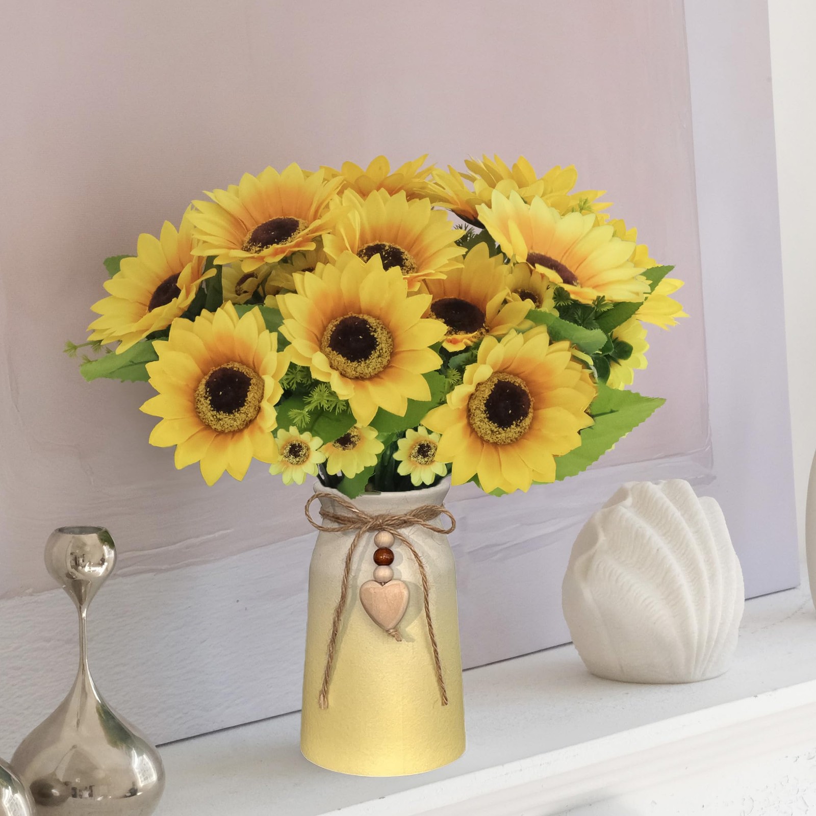 Artificial Sunflower Arrangement in Ceramic Vase – Fake Silk Sunflowers Table…