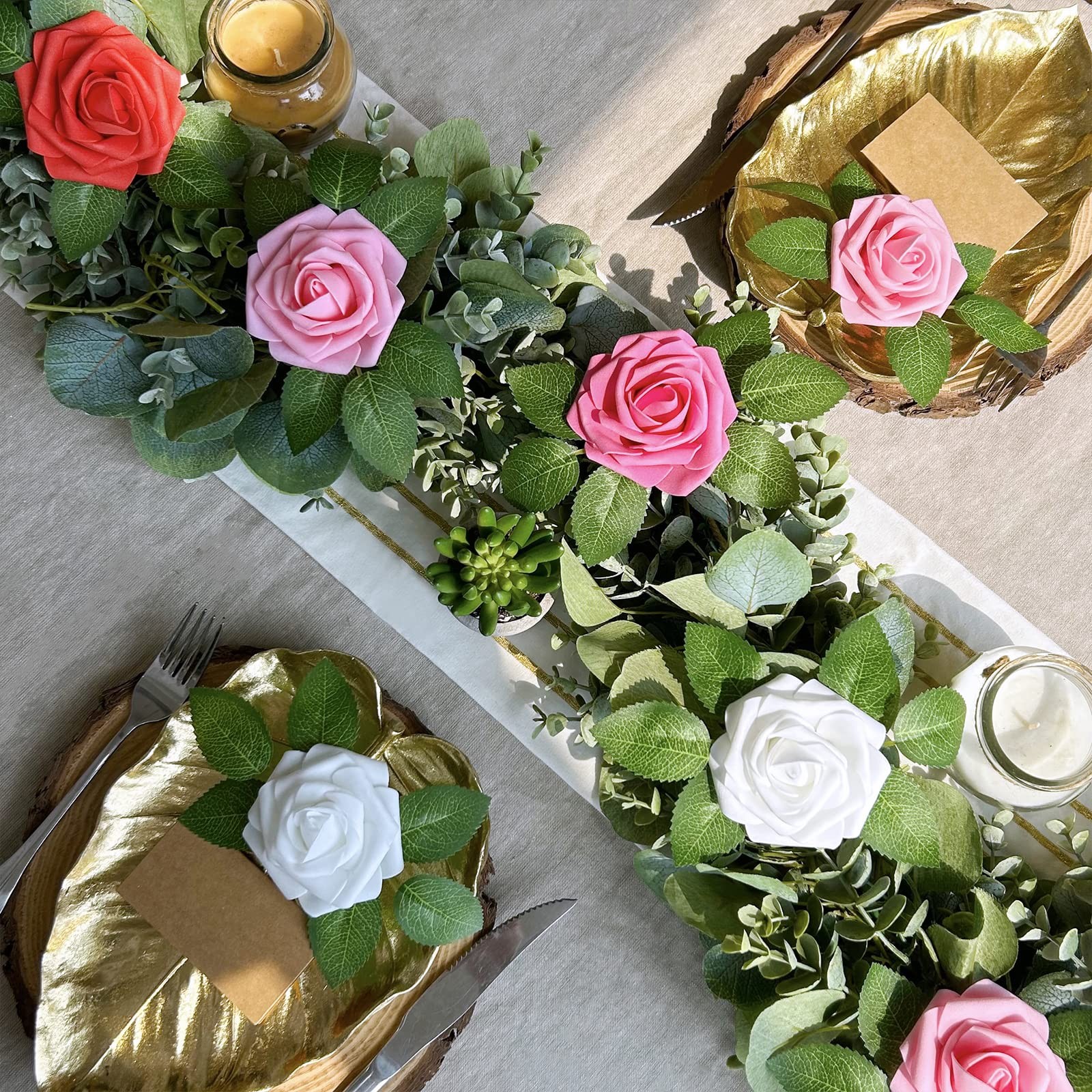 50 Pcs Real Looking Artificial Rose Flowers with Stems & Silk Leaves Bulk- Re…