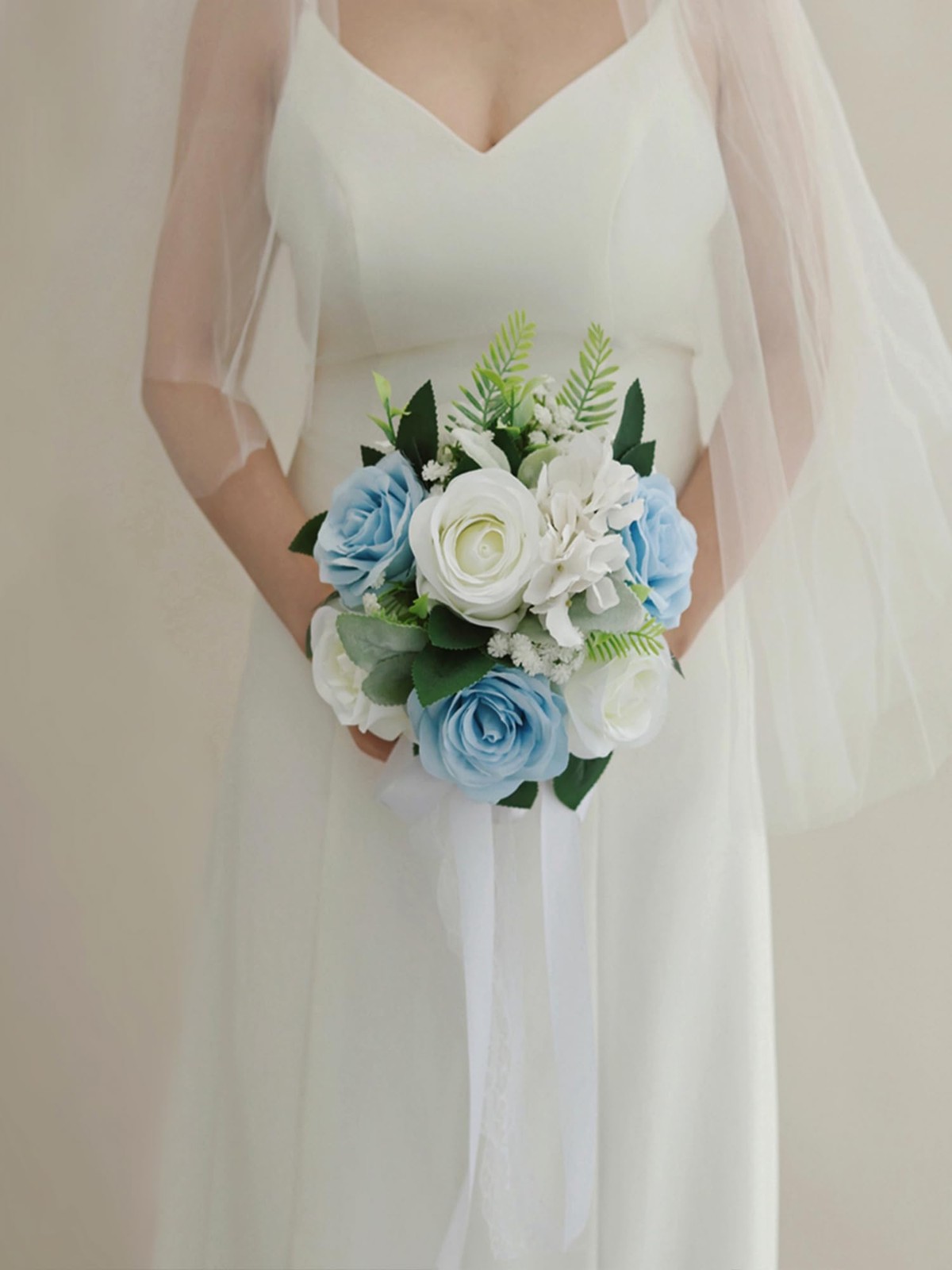 BECIEM Dusty Blue White Wedding Bouquets for Bride Bridesmaid 9 Inch Ivory Wh…