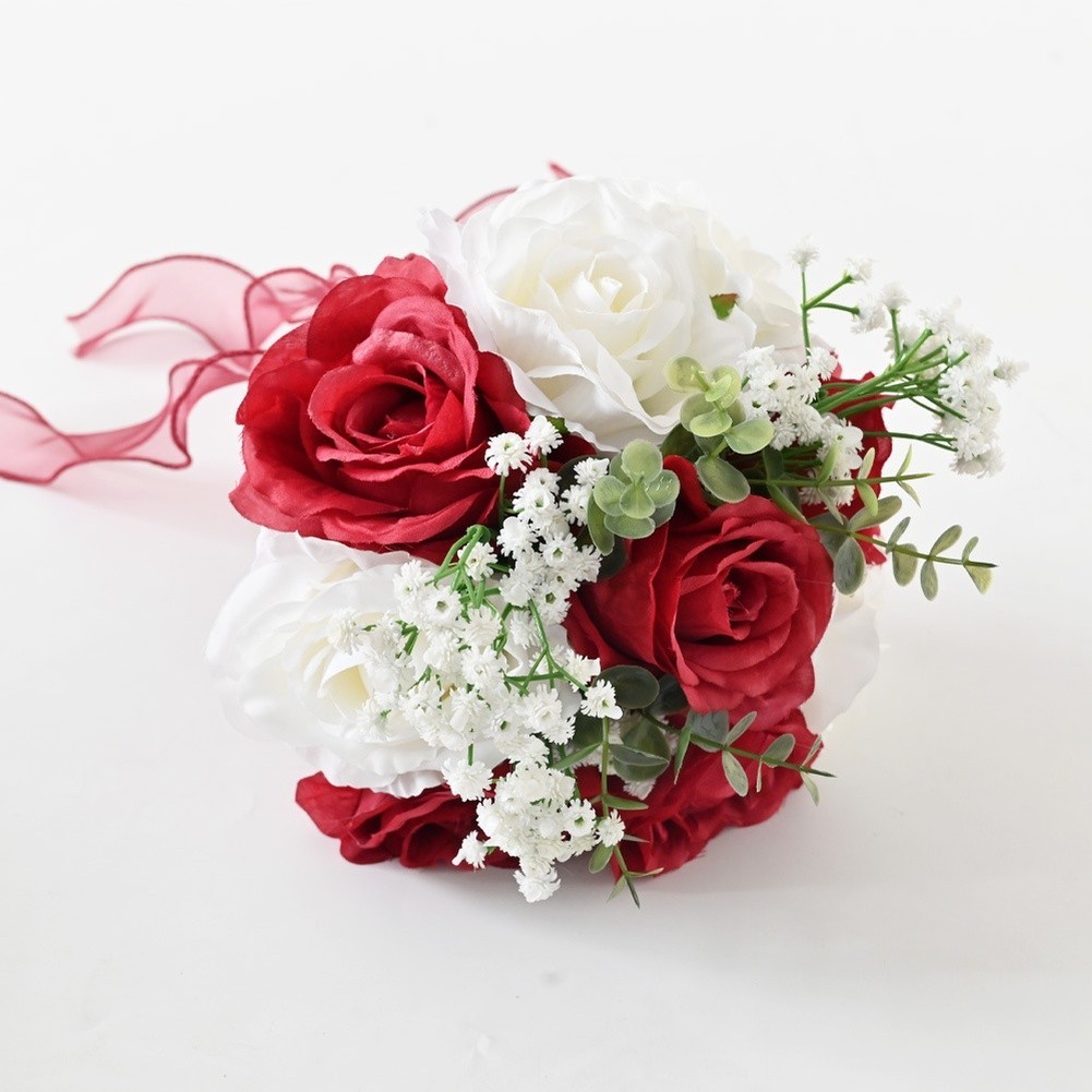 Silk Wedding Bridal Bouquet Artificial Handheld Roses with Bow Decoration