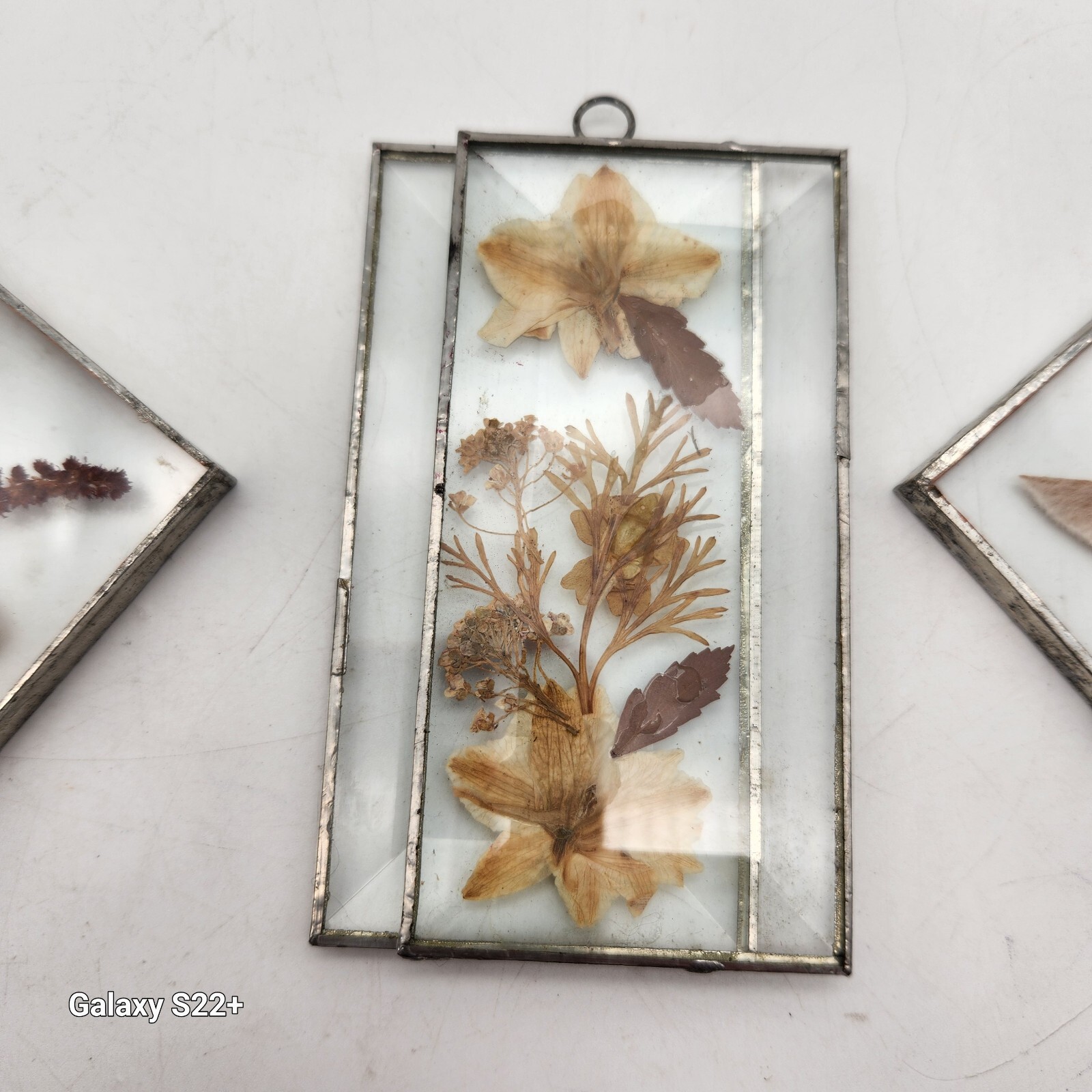 Terrarium Faux Dried Flowers Set Of 3 Beveled Glass Silver Copper Vintage 70s