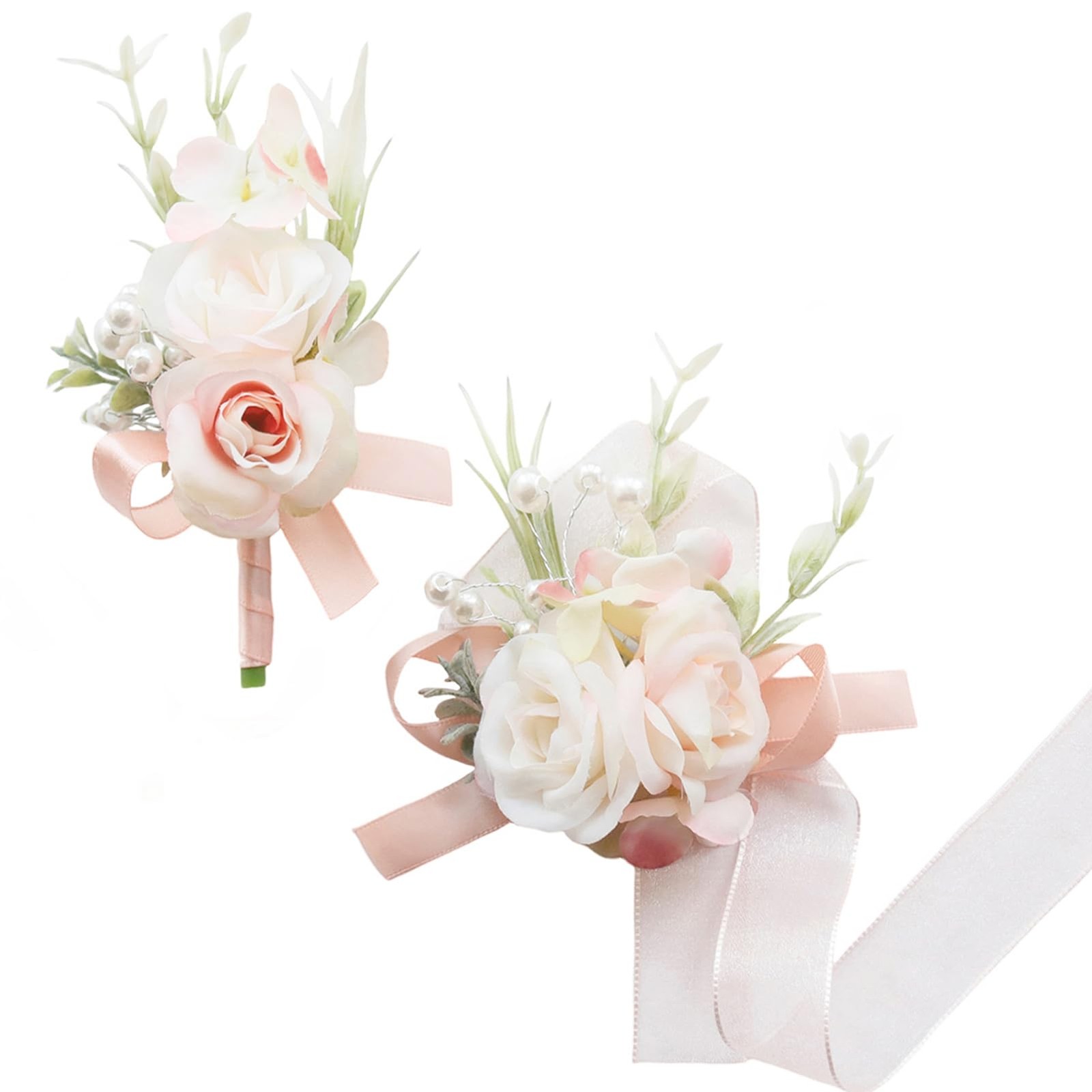2 PCS Pale Pink Men Boutonniere Corsage Set Groom Groomsmen Wedding Prom Suit
