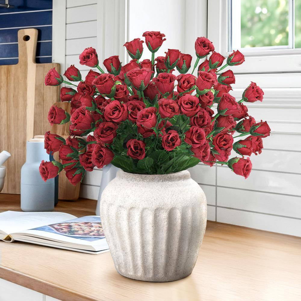 14 In. Burgundy Red Artificial Mini Rose Bud Flower Stem Bush Bouquet (Set of 12