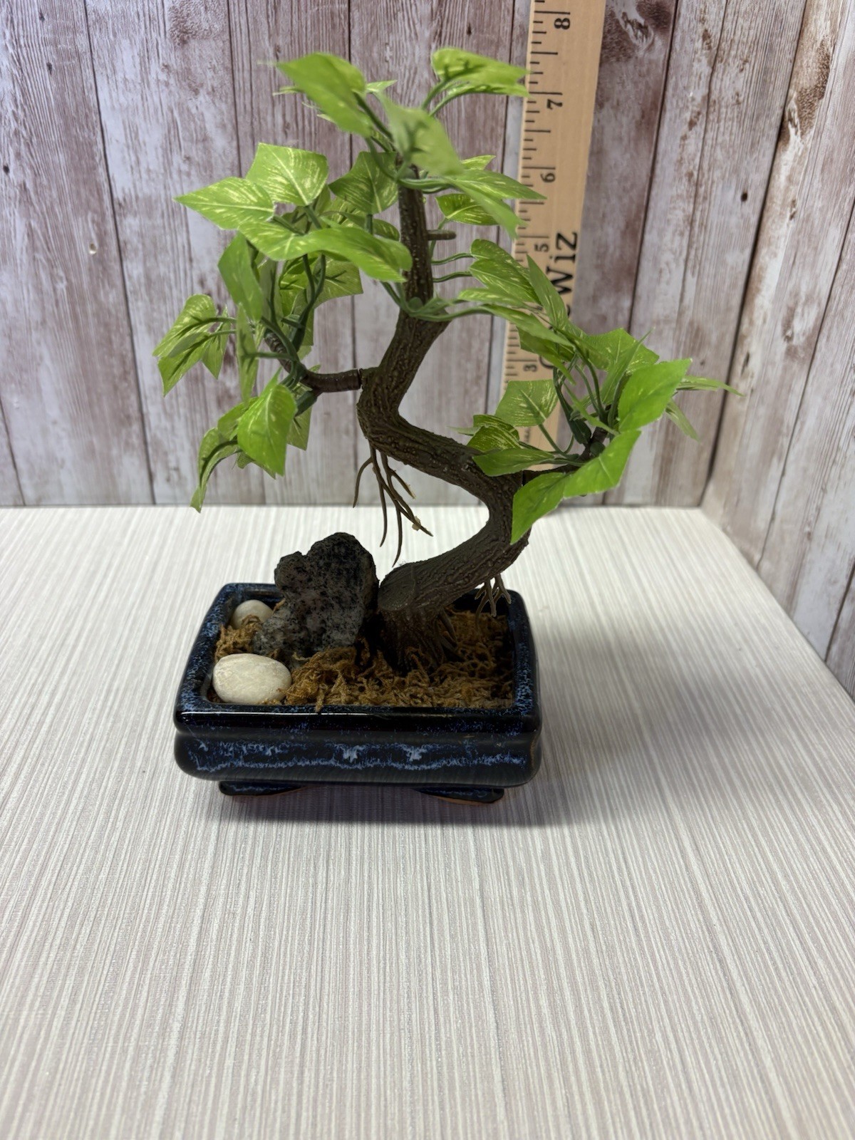 Artificial Bonsai Tree 8” Faux Plant In Vintage Blue 4×3 Pot FREE SHIPPING