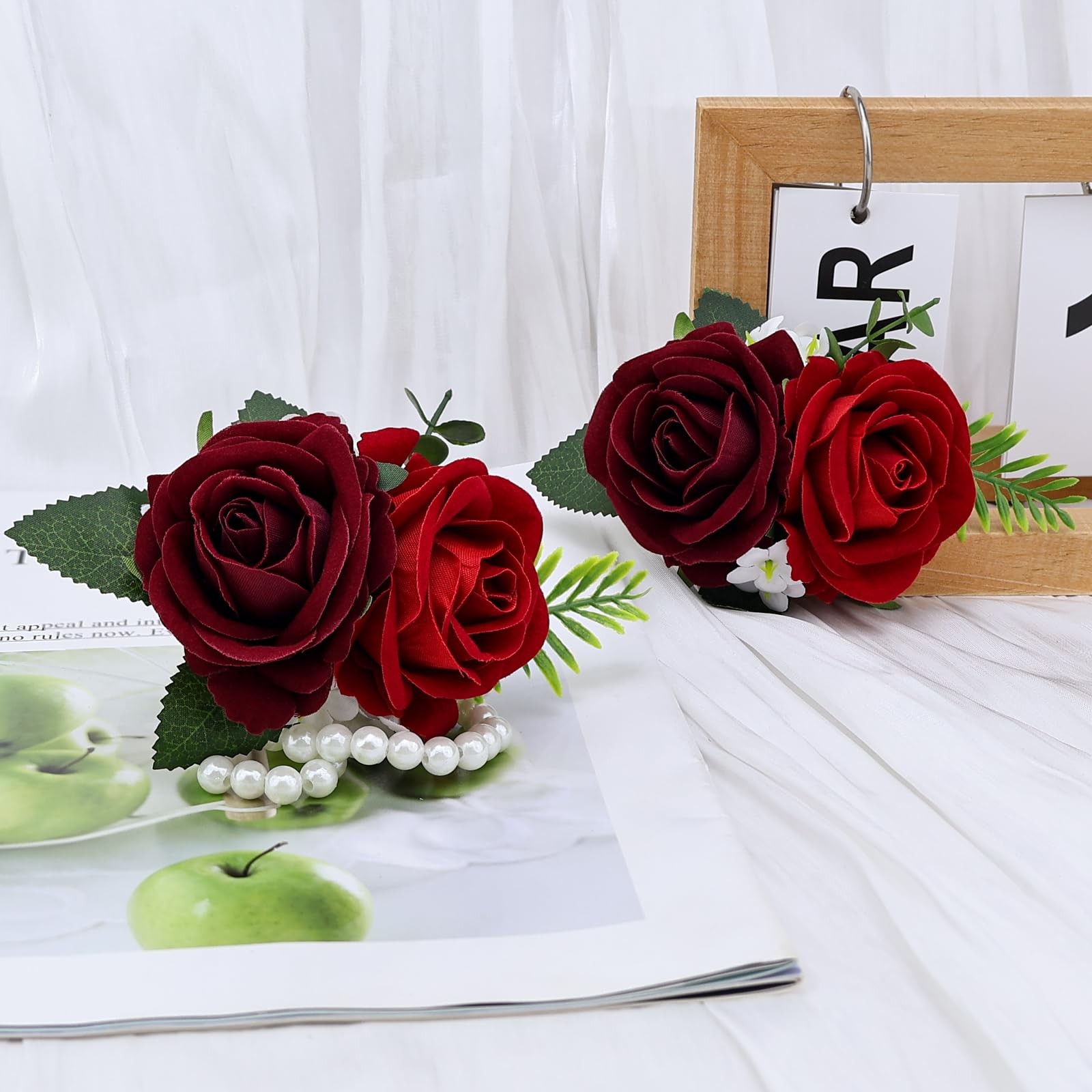 Burgundy Red Rose Wrist Corsage Wristlet Band Men Boutonniere Set 2 PCS Prom