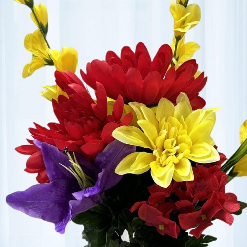 23″ Artificial Red, Purple & Yellow Mum, Lily & Hydrangea Floral Bush