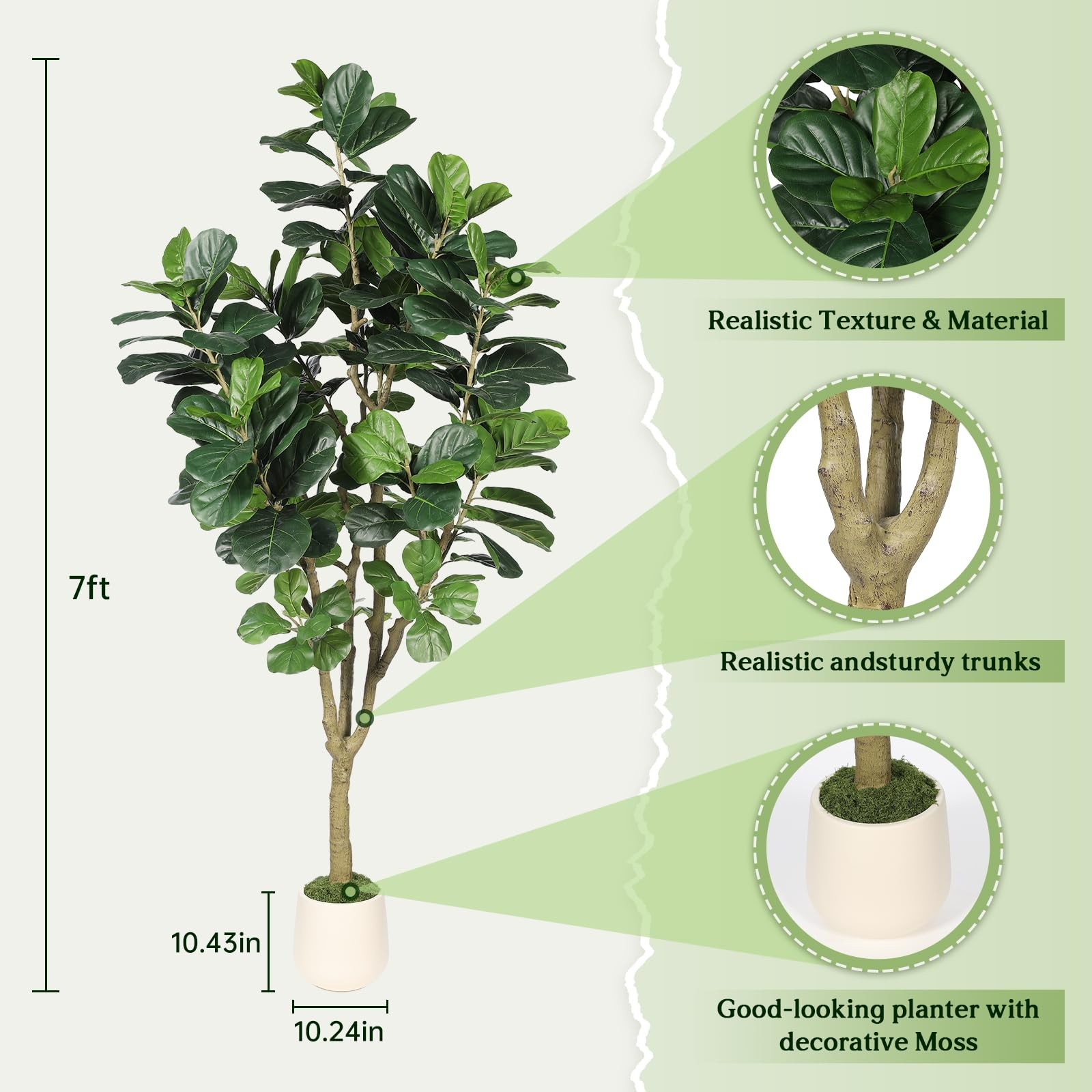 Artificial Fiddle Leaf Fig Tree 7FT for Faux Plants Indoor Home Green Decor