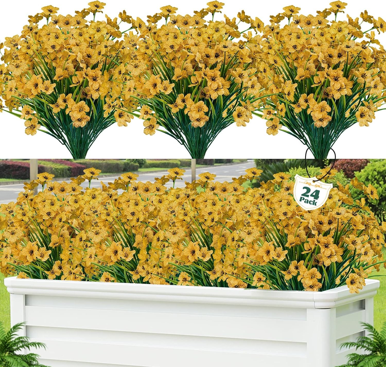 24 Pcs Artificial Flowers UV Resistant, Faux Plastic Shrubs Outdoor Decor