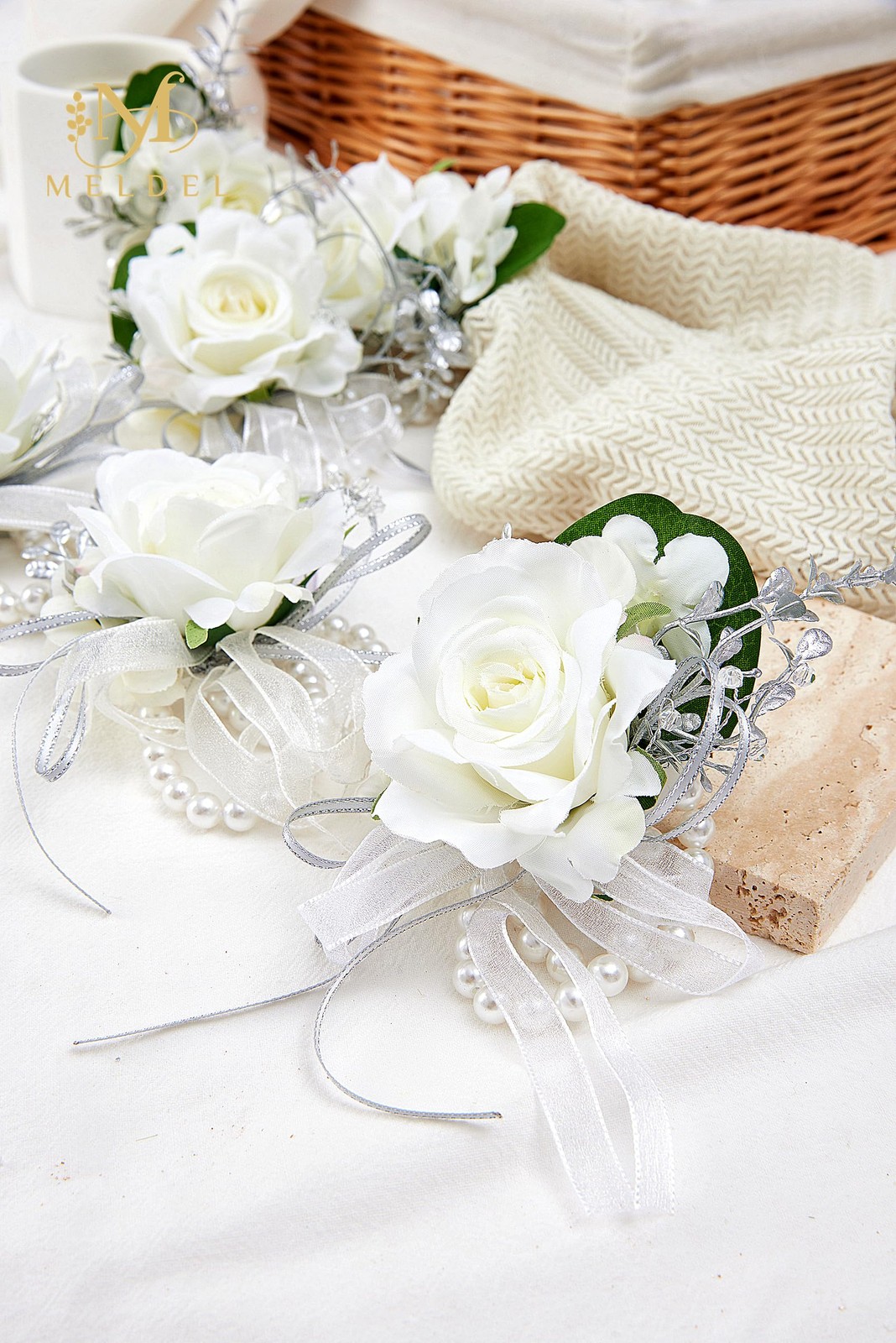 6 PCS White Rose Wrist Corsage For Prom Bride Bridesmaids Wedding Party