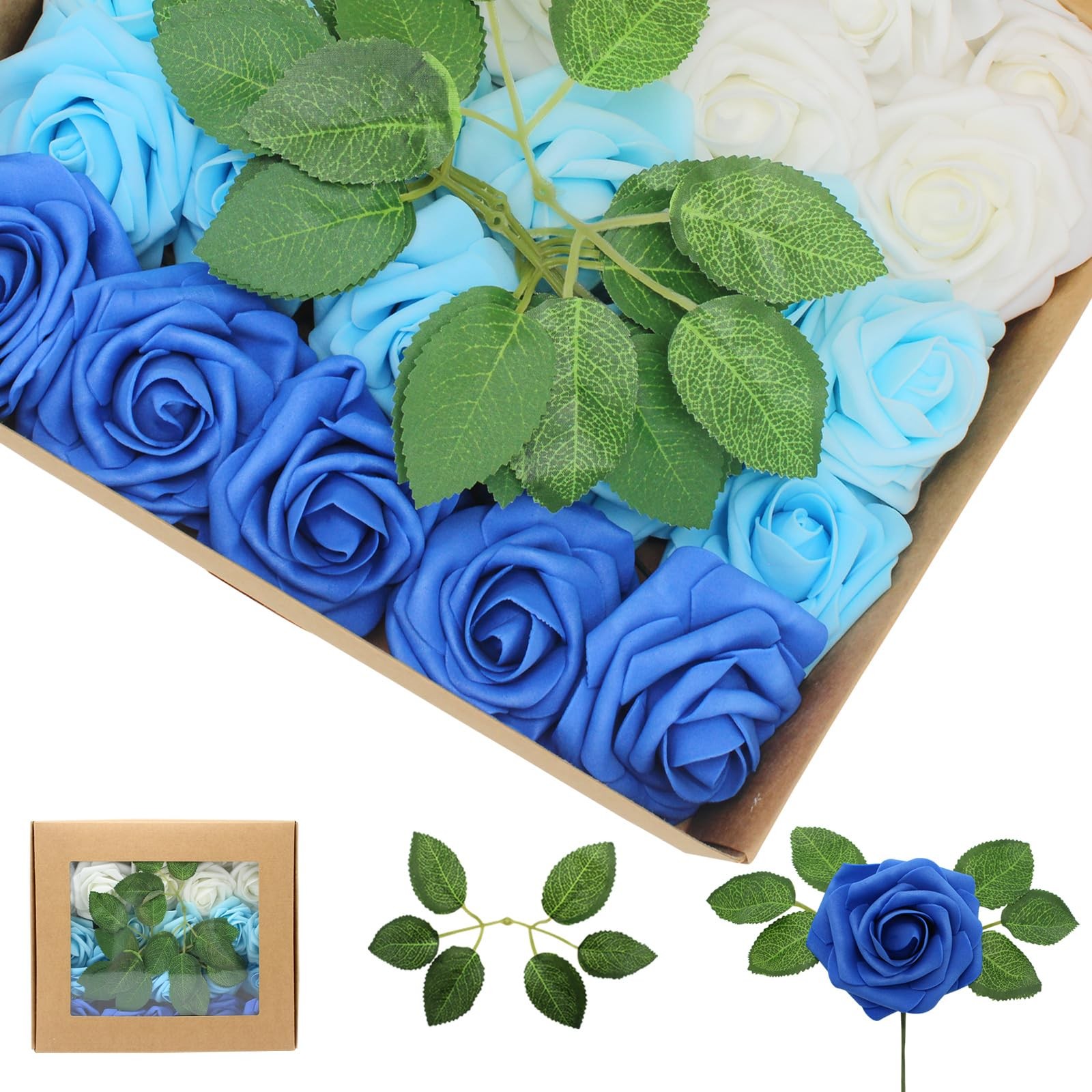 100 Pcs Blue Artificial Roses Real Looking Foam Fake Flowers With Leaves
