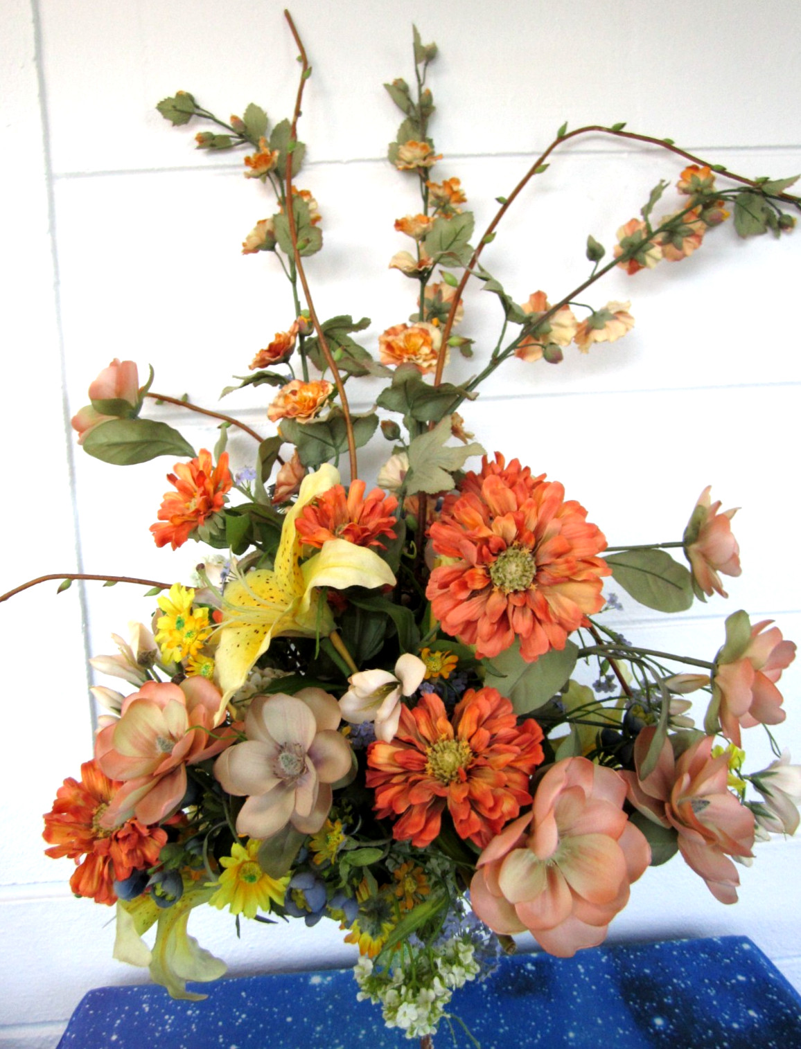 Beautiful Large Vtg Floral Arrangement Bouquet Orange Yellow Artificial Flowers