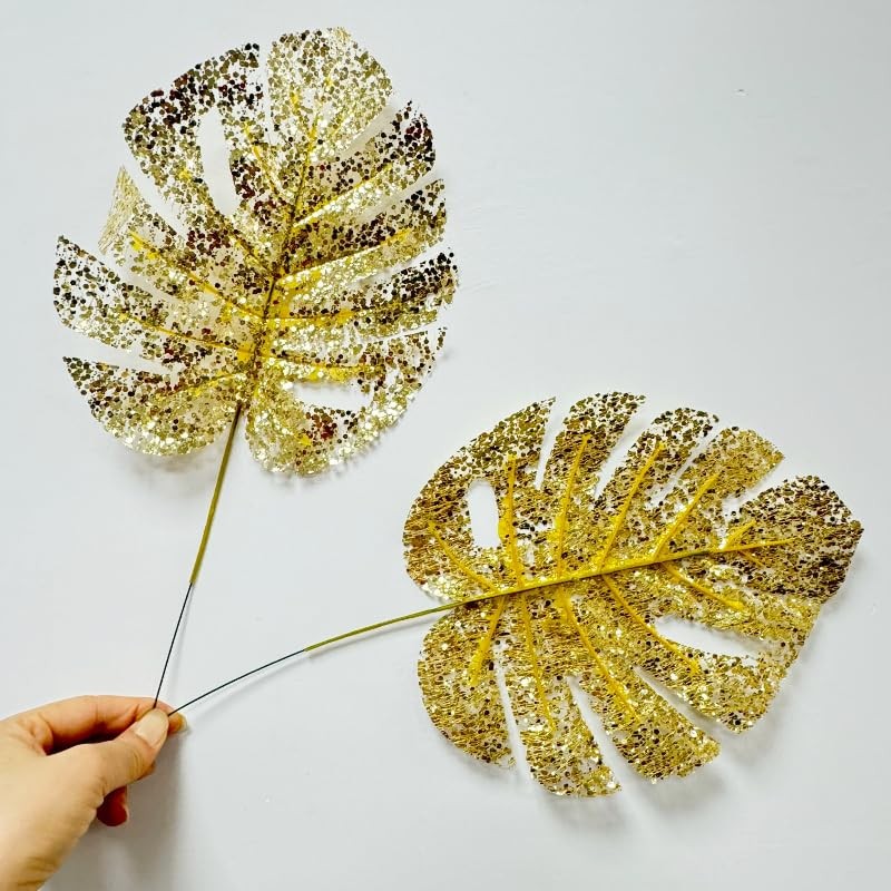 24 Pieces Gold Palm Leaves,15″ Artificial Tropical Leaves Wall Decor,Jungle L…