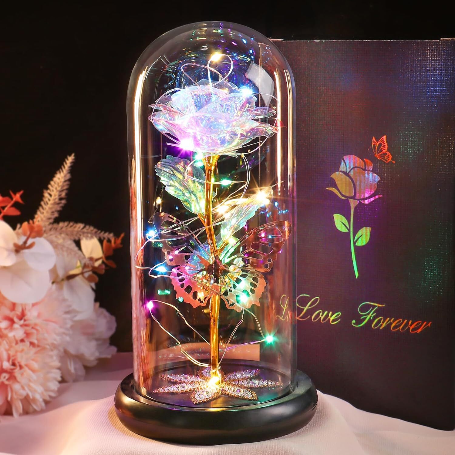 Galaxy Glass Rose in Light-Up Dome, Gifts for Women – Birthday, Mom, Friends