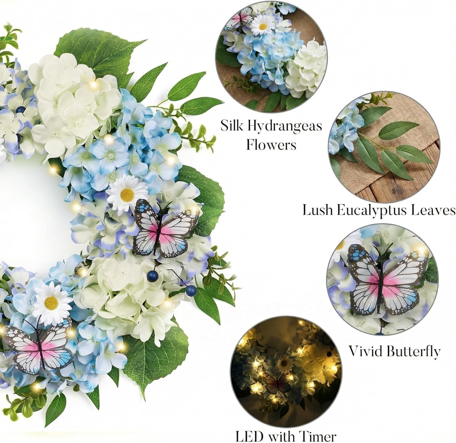 Coronas de primavera para puerta principal con luces, hortensias azules
