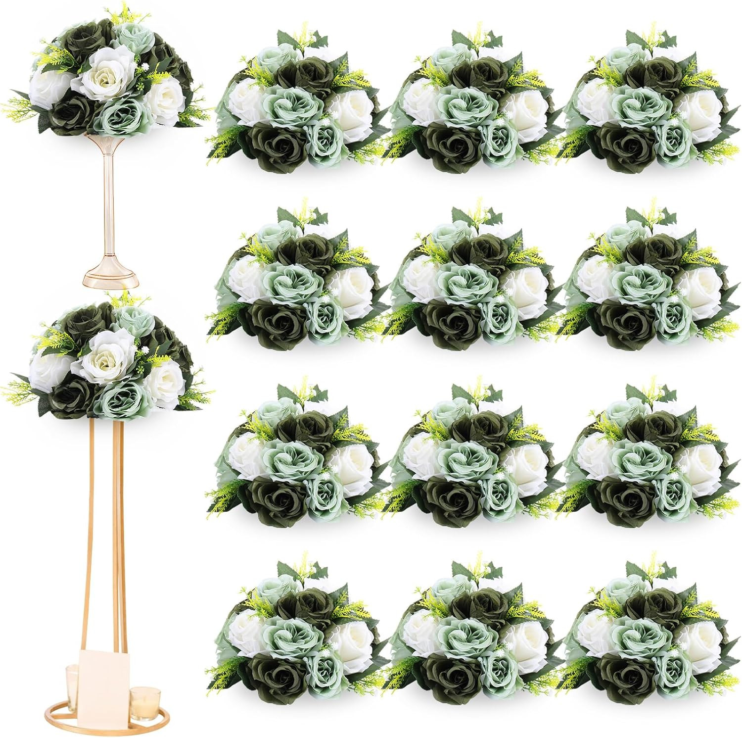 12 Pcs Forest Green Silk Flower Kissing Balls for Wedding Centerpieces